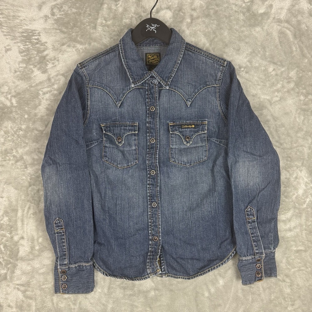 Lucky Brand Western Pearl Snap Blue Denim Shirt Women's Large Cotton Rodeo